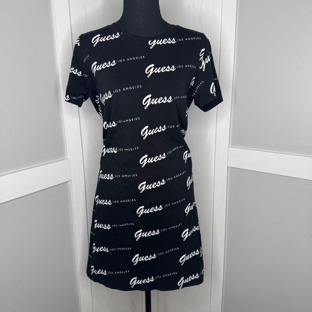 Guess Shirt Dress Women‎ Size M Black White Logo Print Stretch S0PK20COR2